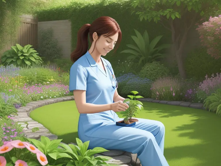 A nurse taking a break in a vibrant and peaceful garden. She's enjoying the soothing effects of nature, tending to various plants with tender care.