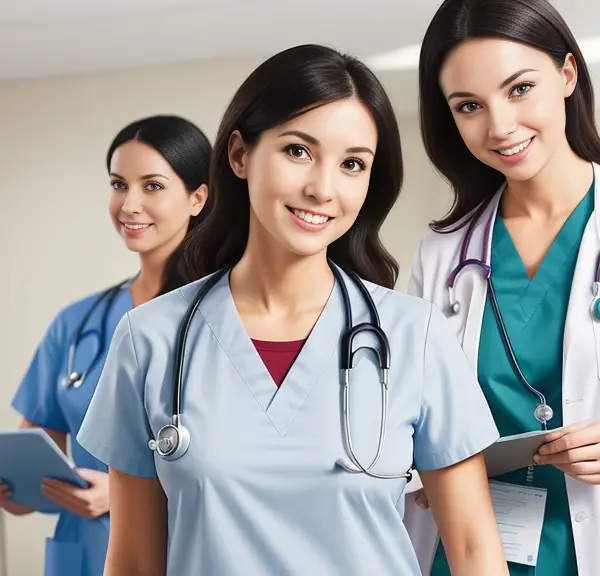 Three female nurses demonstrating setting boundaries in nursing while standing in front of a computer.