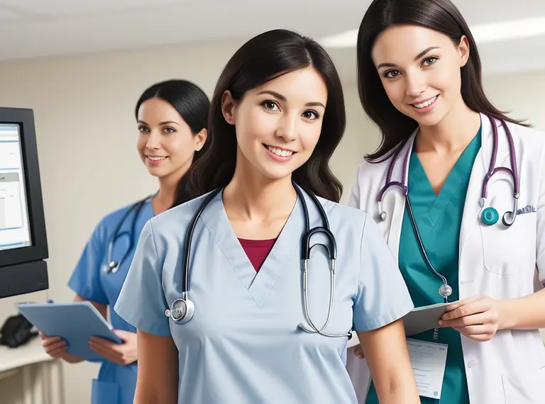 Three female nurses demonstrating setting boundaries in nursing while standing in front of a computer.