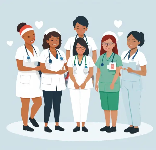 The image represents a diverse group of nurses working together in a collaborative and supportive environment, emphasizing teamwork and a positive workplace culture.