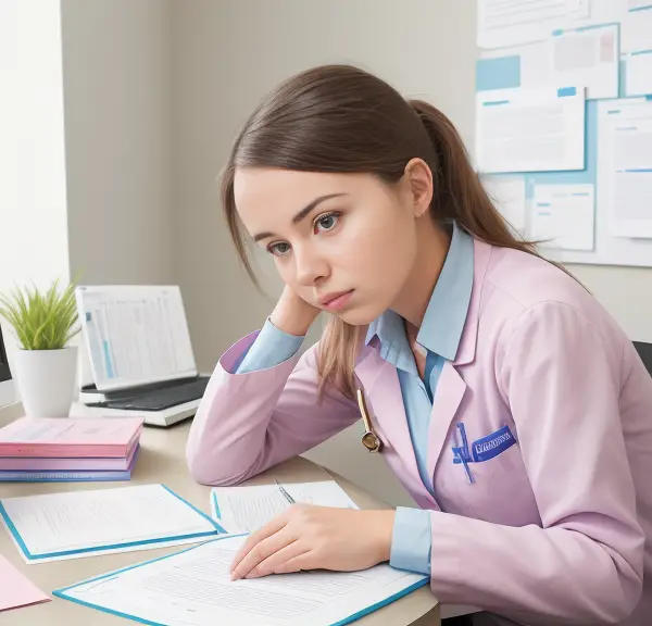 A girl sitting at a home desk looking at a computer screen, which displays the words 'NCLEX Examination'. Surround her with study materials such as textbooks, notes, and flashcards.