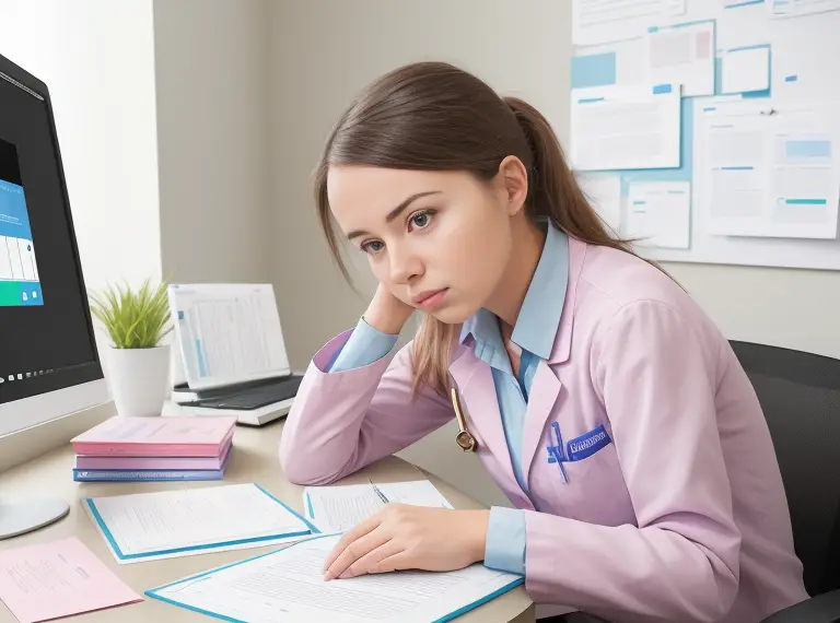 A girl sitting at a home desk looking at a computer screen, which displays the words 'NCLEX Examination'. Surround her with study materials such as textbooks, notes, and flashcards.