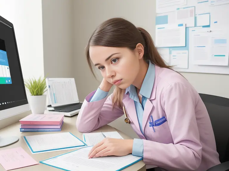 A girl sitting at a home desk looking at a computer screen, which displays the words 'NCLEX Examination'. Surround her with study materials such as textbooks, notes, and flashcards.