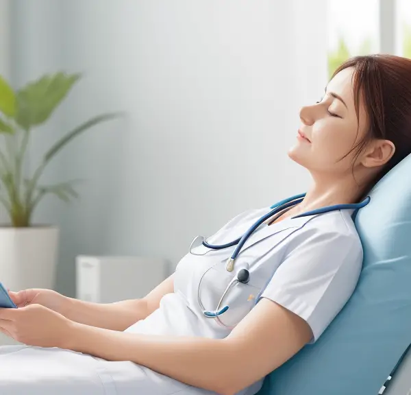 A nurse taking a refreshing break to relax and recharge, showcasing a peaceful and rejuvenating environment in the healthcare setting.