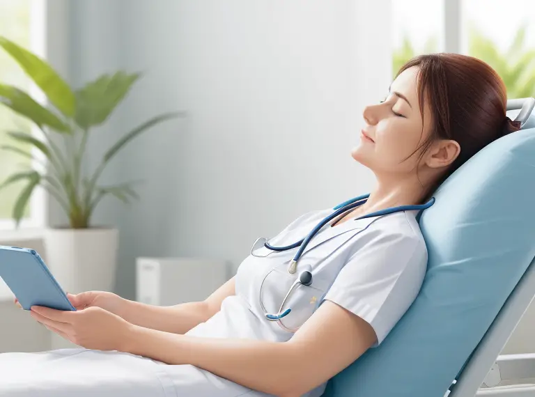 A nurse taking a refreshing break to relax and recharge, showcasing a peaceful and rejuvenating environment in the healthcare setting.