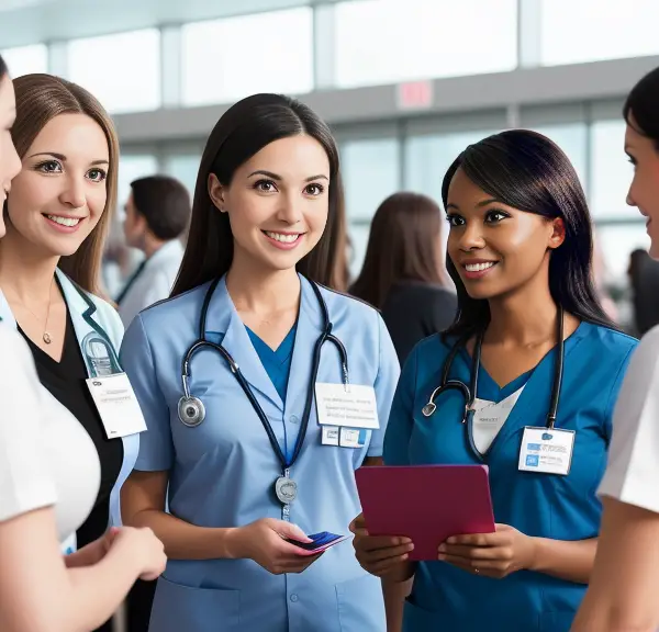 Nurses at a networking event. a diverse group of nurses engaged in conversations, exchanging business cards, and participating in interactive sessions. An atmosphere of learning, collaboration, and professional growth. Including elements such as a conference venue, banners displaying the names of networking events, and nurses wearing badges.