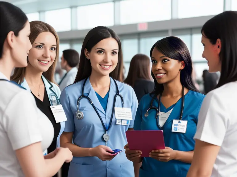 Nurses at a networking event. a diverse group of nurses engaged in conversations, exchanging business cards, and participating in interactive sessions. An atmosphere of learning, collaboration, and professional growth. Including elements such as a conference venue, banners displaying the names of networking events, and nurses wearing badges.