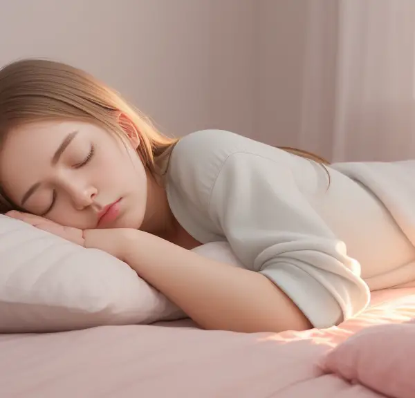 A nurse after her shift in a calm and peaceful sleep environment, with elements such as a comfortable bed, soft lighting, and soothing colors.