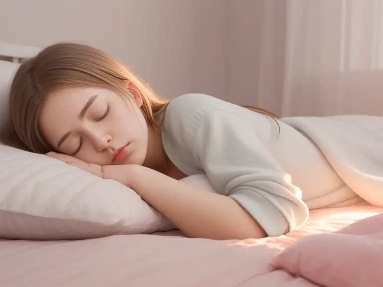 A nurse after her shift in a calm and peaceful sleep environment, with elements such as a comfortable bed, soft lighting, and soothing colors.