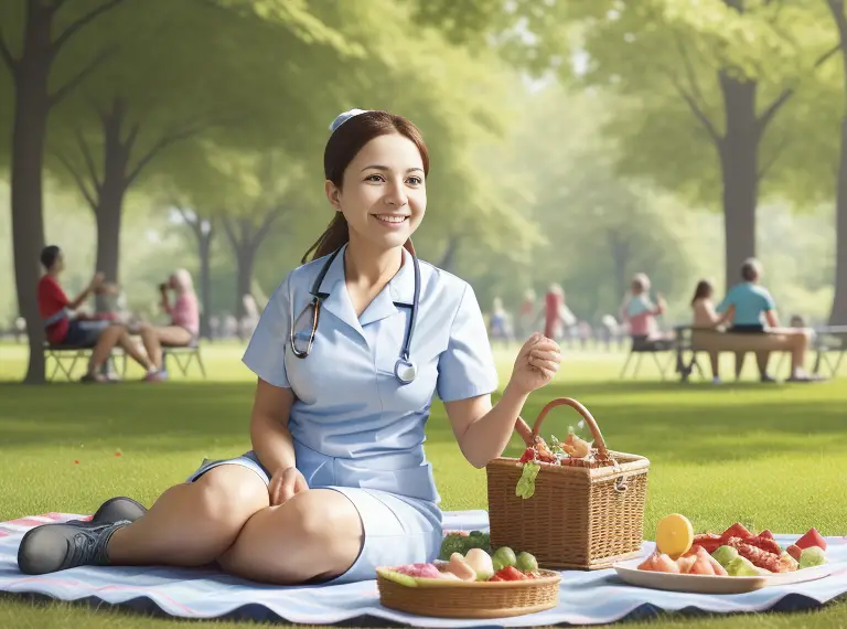 A nurse participating in multiple recreational outdoor pursuits. One could observe her relishing a delightful picnic amidst the radiant ambiance of a park.