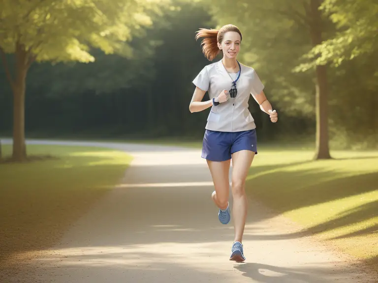 A nurse running in a peaceful outdoor setting.