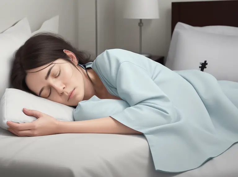 A nurse comfortably sleeping in a dark, quiet, and serene bedroom during the day, signifying the irregular sleep pattern associated with shift work. Around her, depict various sleep aids such as a sleep mask, earplugs, and a calming sleep-inducing alarm clock.