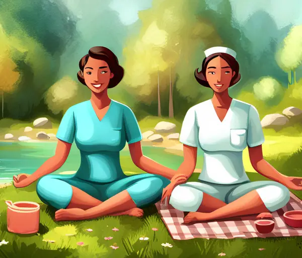 a nurse engaging in self-care activities such as meditation, yoga, or spending time in nature.