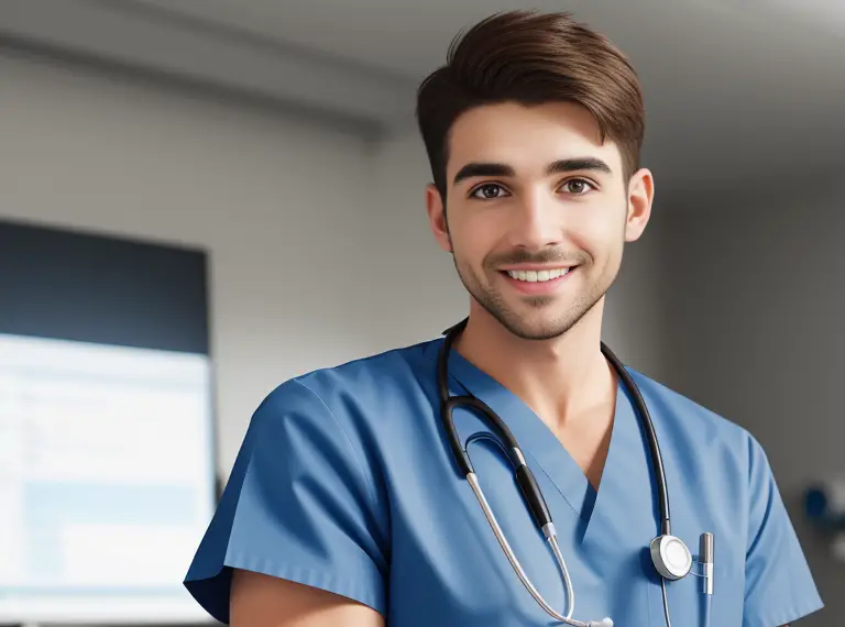 A male nurse in scrubs standing in front of a monitor.