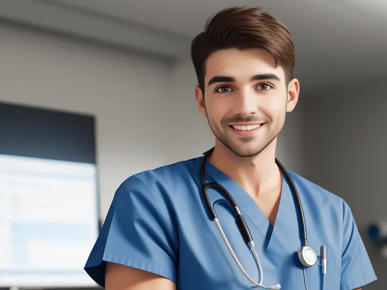 A male nurse in scrubs standing in front of a monitor.