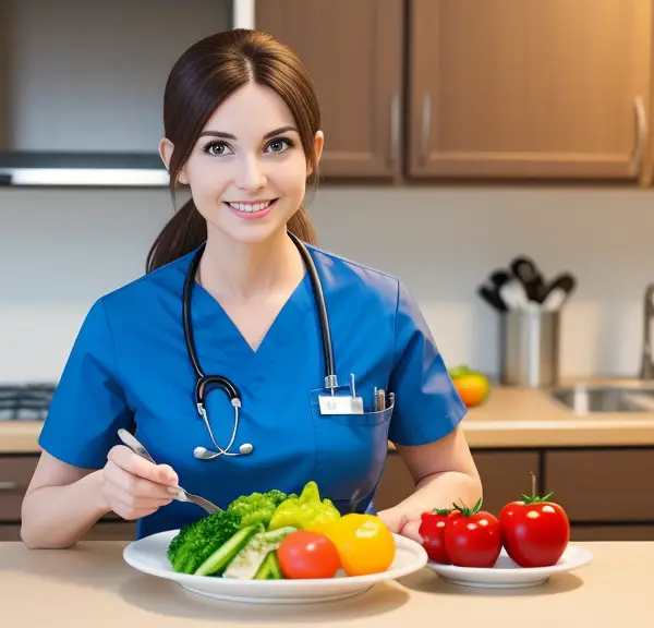 A nurse is holding a plate of nutritious vegetables.