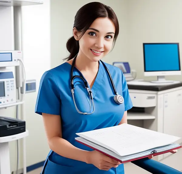 Female nurse, folder, medical equipment.