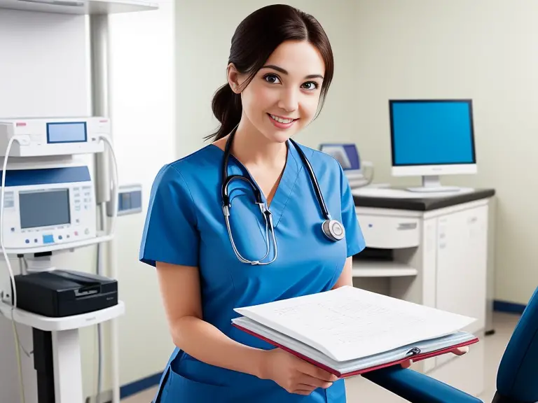 Female nurse, folder, medical equipment.