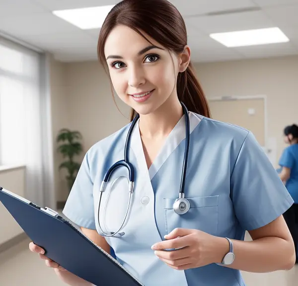 A female nurse in an hospital setting utilizes a clipboard.