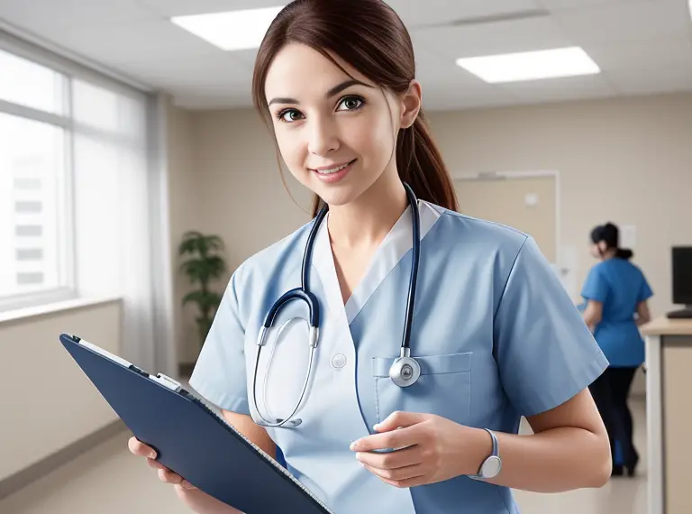 A female nurse in an hospital setting utilizes a clipboard.