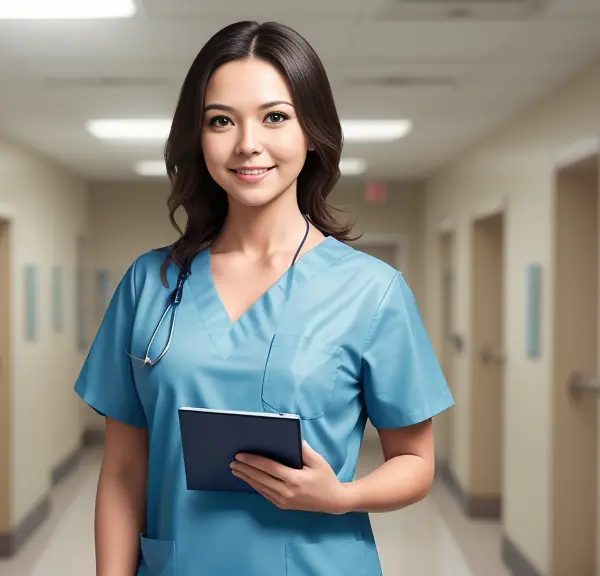 A nurse holding a clipboard in a hospital hallway.