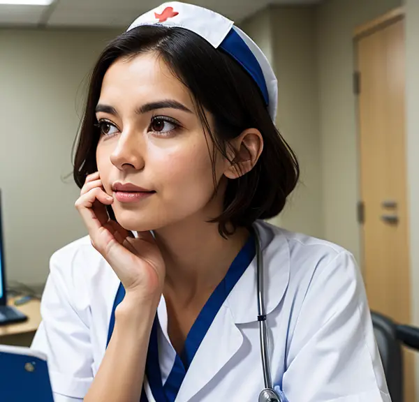 A nurse is sitting in front of a computer, fully engaged in her work.