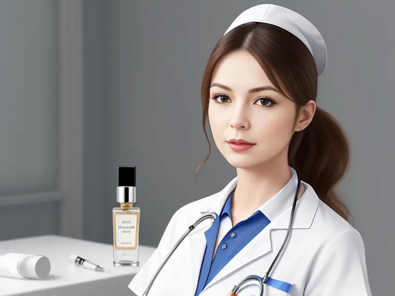 A nurse standing next to a bottle of perfume.