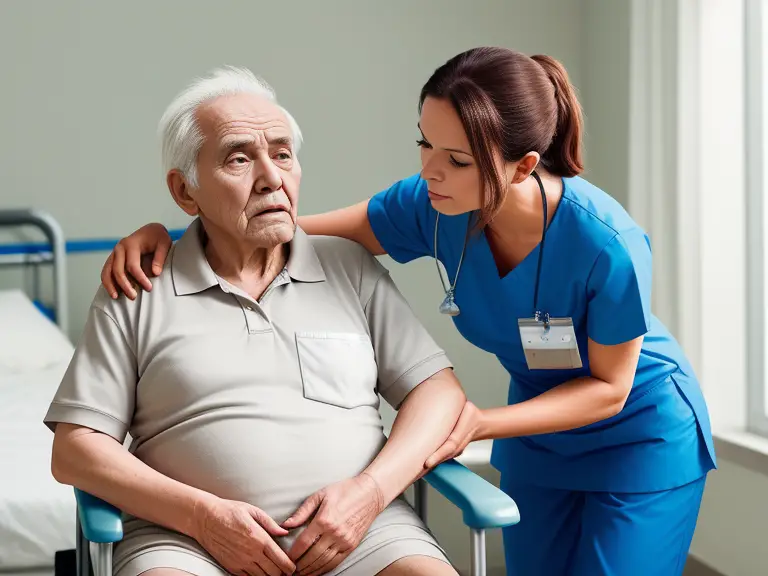 A nurse is talking to an elderly man in a hospital bed.