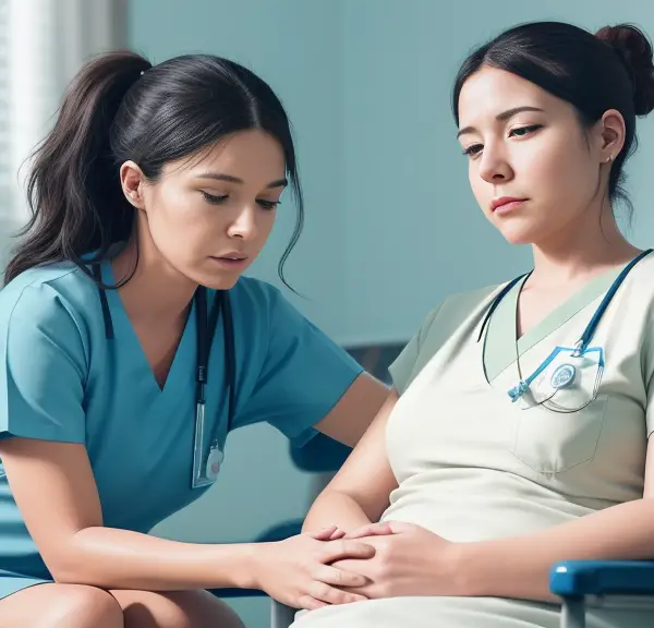 A nurse is talking to a another nurse in a hospital about mental illness.