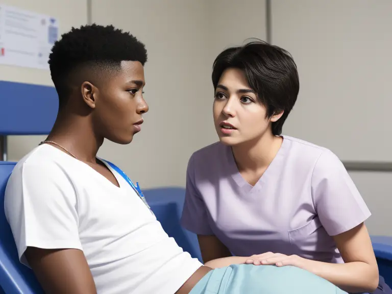 A nurse talking to a patient in a hospital bed.