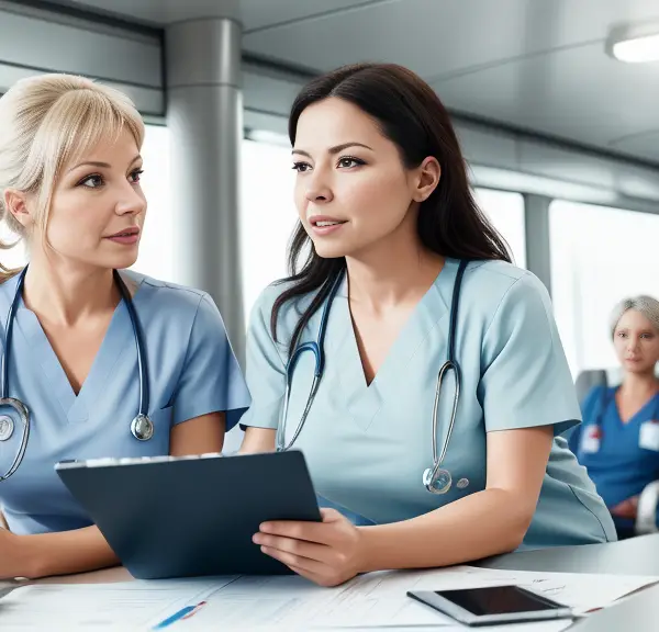 Two nurses in scrubs negotiating travel nurse pay using a tablet computer.