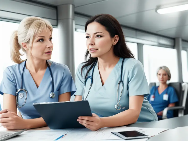 Two nurses in scrubs negotiating travel nurse pay using a tablet computer.