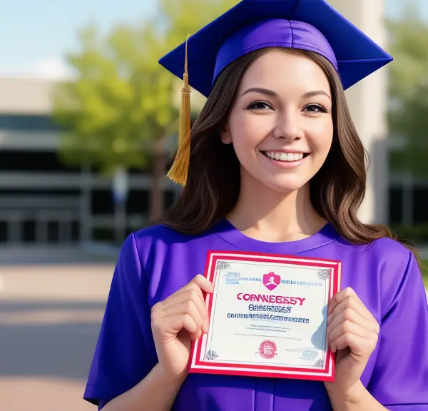 A young woman holding a certificate in front of a building.