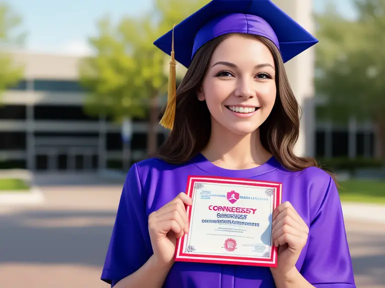 A young woman holding a certificate in front of a building.