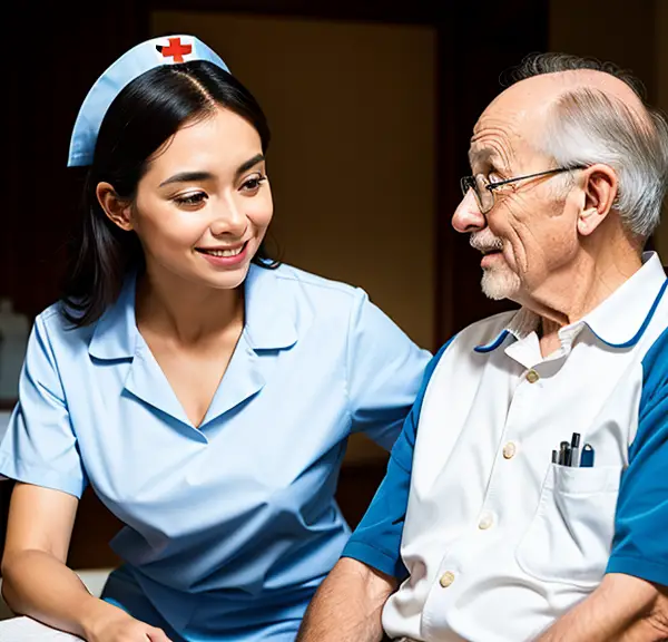 A nurse is talking to an elderly Jehovah's Witness.