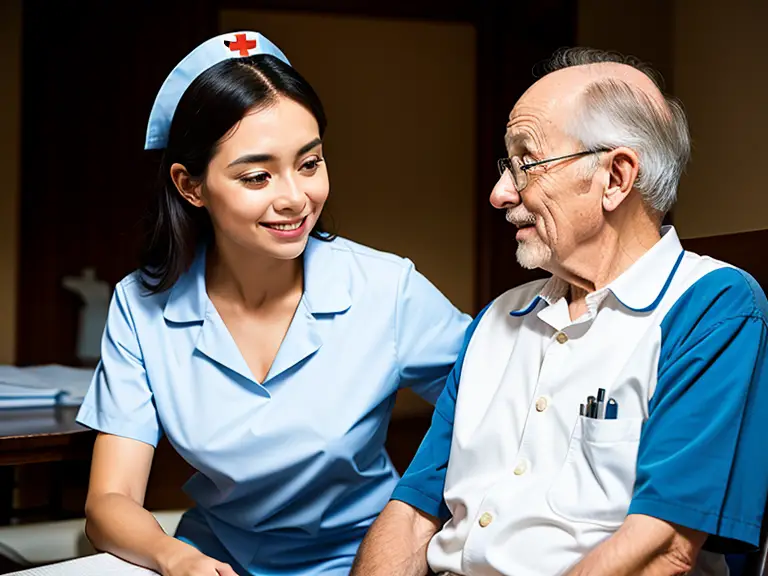 A nurse is talking to an elderly Jehovah's Witness.