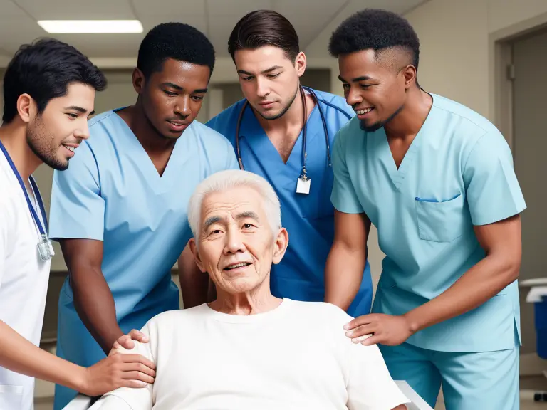 A group of nurses attending a patient in a hospital bed.