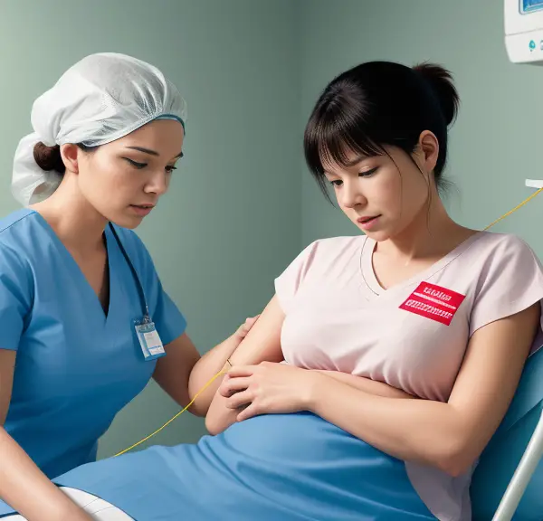 A nurse examines a woman in a hospital.