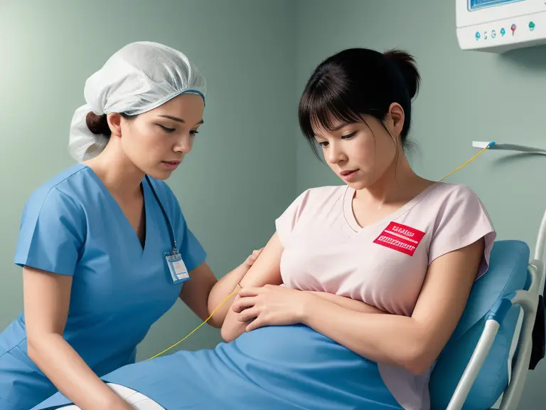 A nurse examines a woman in a hospital.