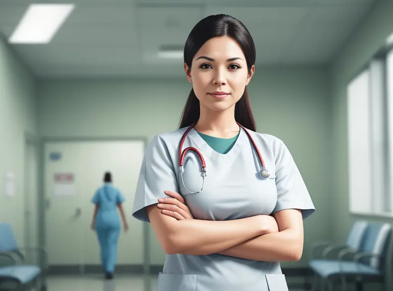 A nurse standing in a hallway with her arms crossed.