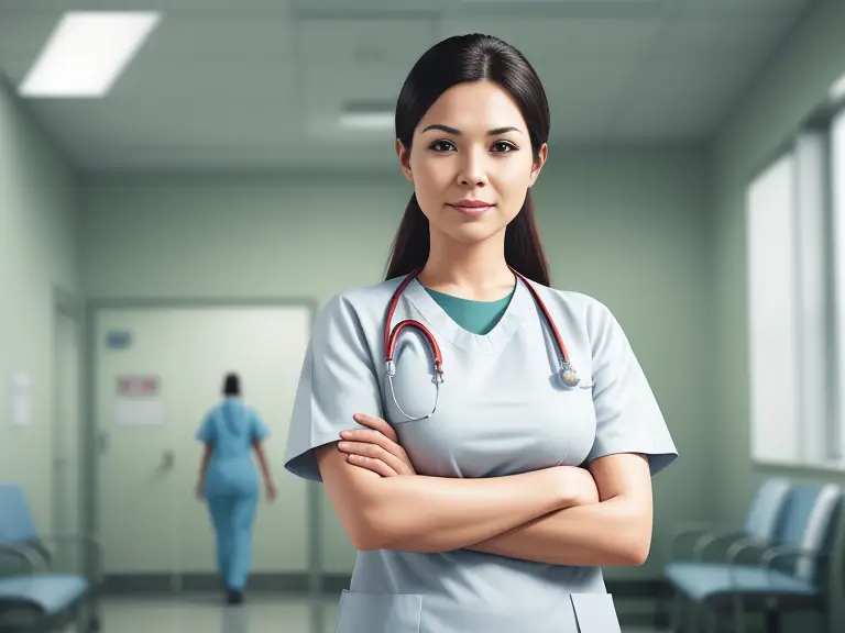 A nurse standing in a hallway with her arms crossed.