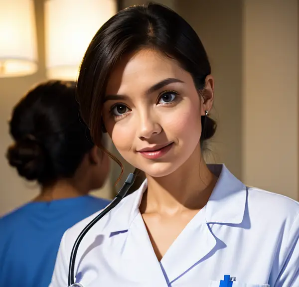 A female nurse is posing for a photo during her shift.