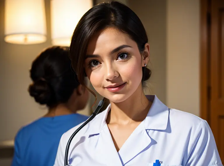 A female nurse is posing for a photo during her shift.