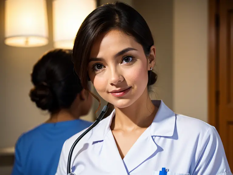 A female nurse is posing for a photo during her shift.