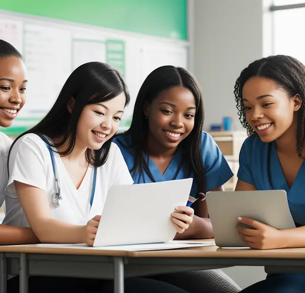 A group of nurses sitting around a table looking at a laptop.