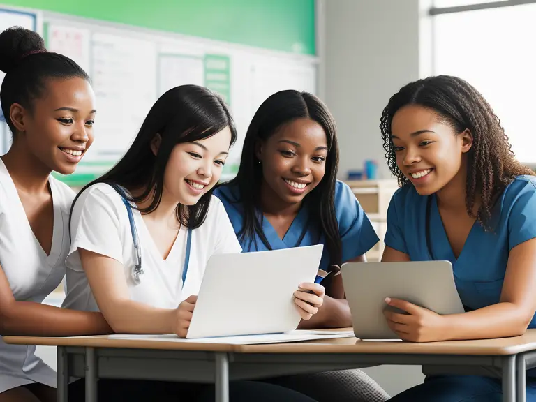 A group of nurses sitting around a table looking at a laptop.