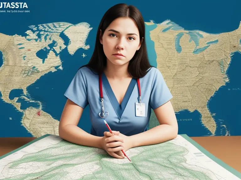 A nurse sits at a table with a map in front of her.