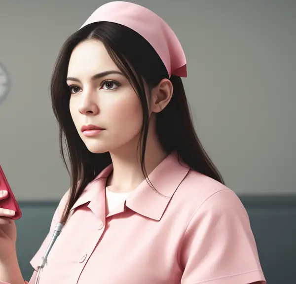 A nurse wearing a pink uniform holding a cell phone.