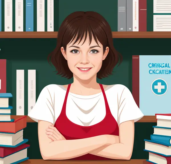 A woman sitting at a desk with books in front of her, studying for the School Nurse Certification Exam.