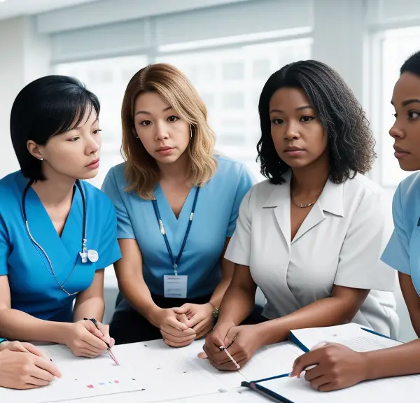 A group of nurses sitting around a table discussing the length of Board of Nursing investigation processes.